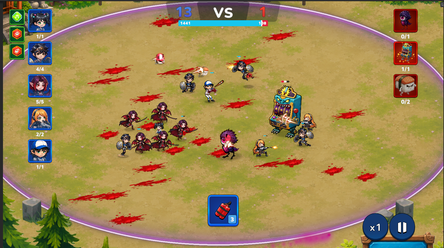 Squadlings fighting monsters in a park arena