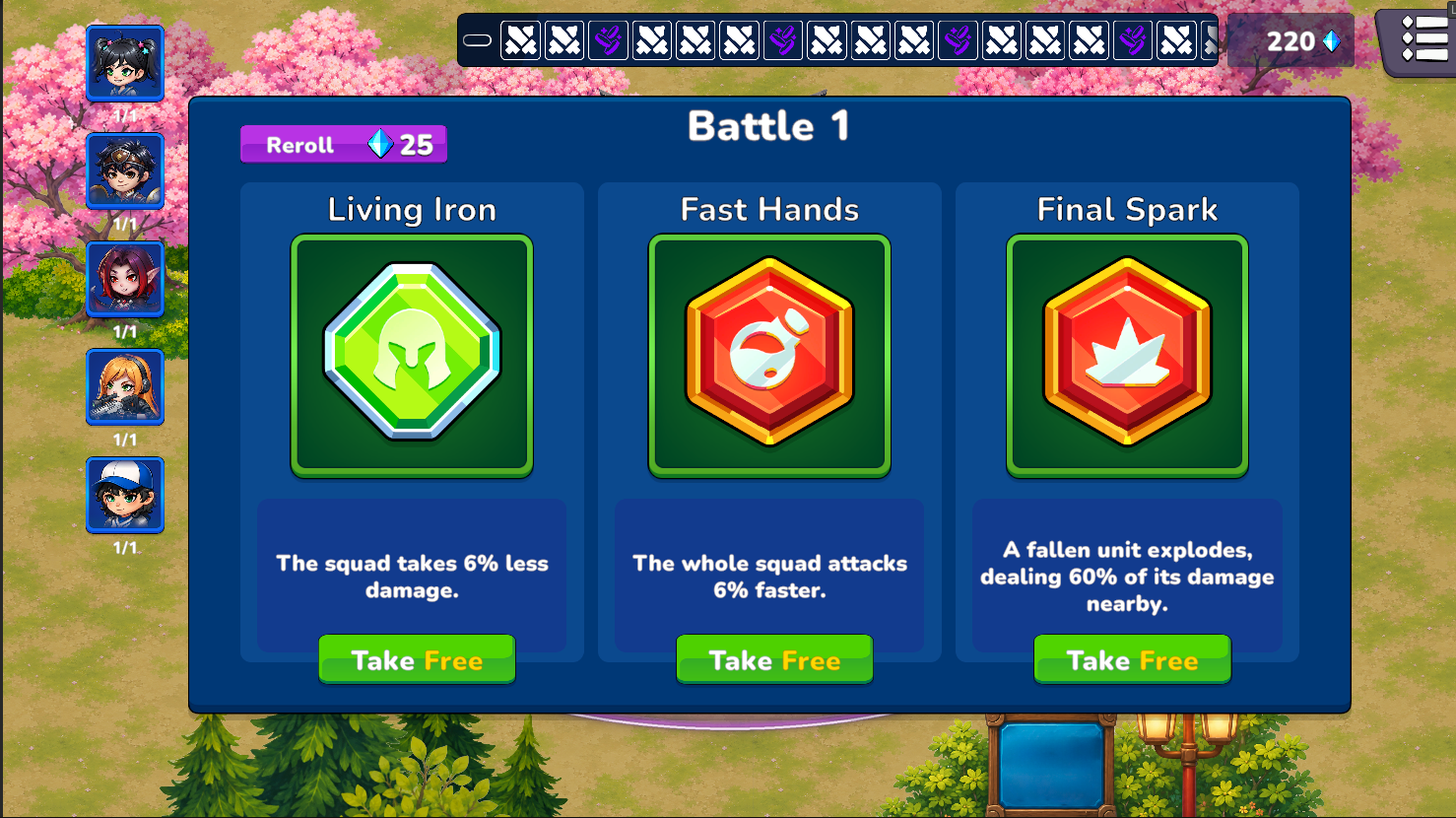 Three upgrade choices presented between battles